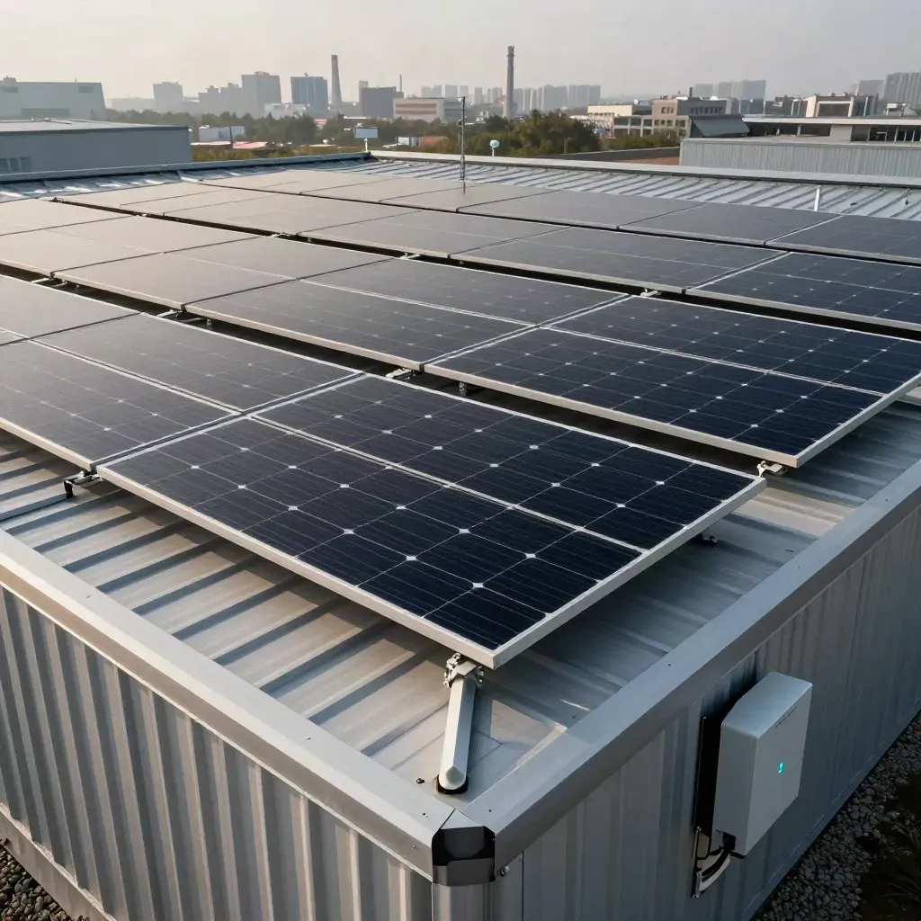 Impianto fotovoltaico finito su tetto di capannone, vista bassa con moduli in diagonale.