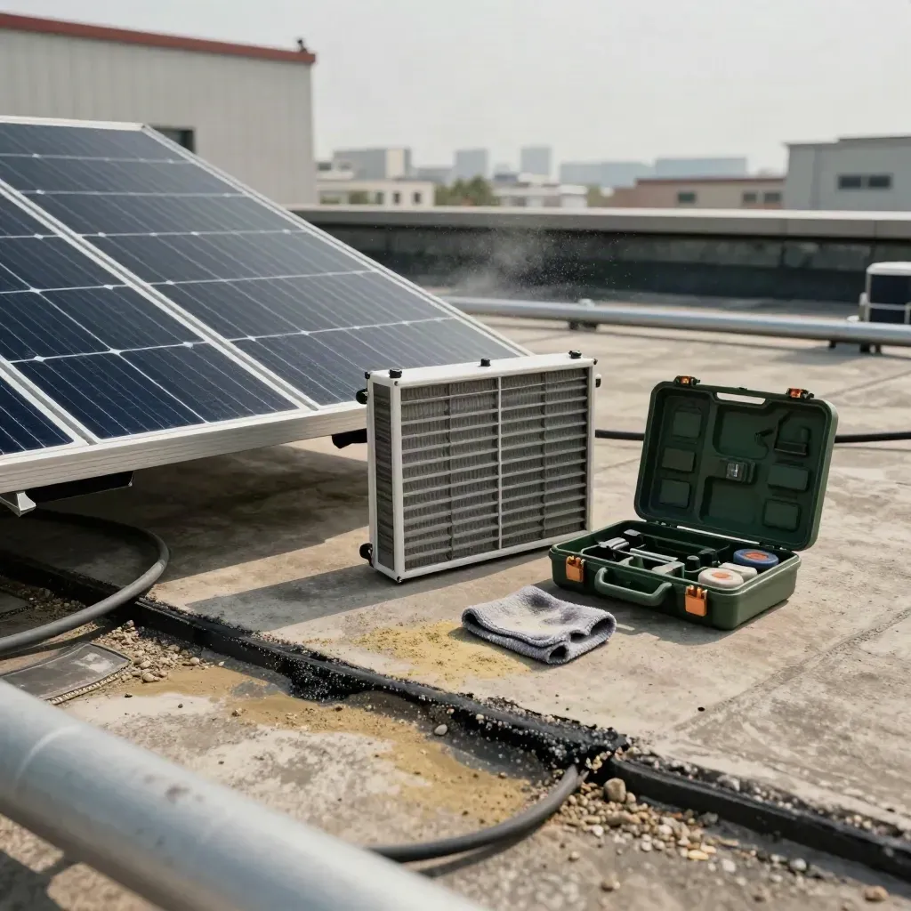 Tetto tecnico con pannello fotovoltaico pulito, filtro sostituito e utensili di manutenzione ordinati.