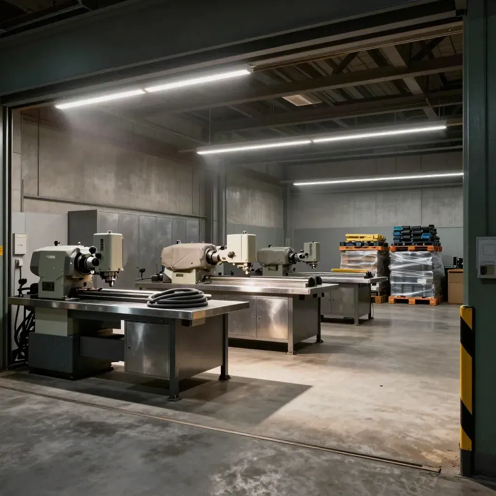 Officina meccanica riqualificata con LED lineari, macchinari spenti e area di carico ordinata.