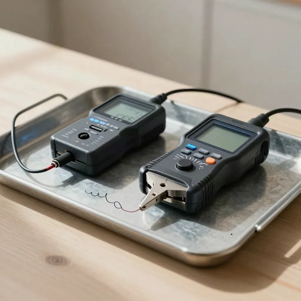 Pinza amperometrica, datalogger e adattatore smart meter su metallo con luce laterale.