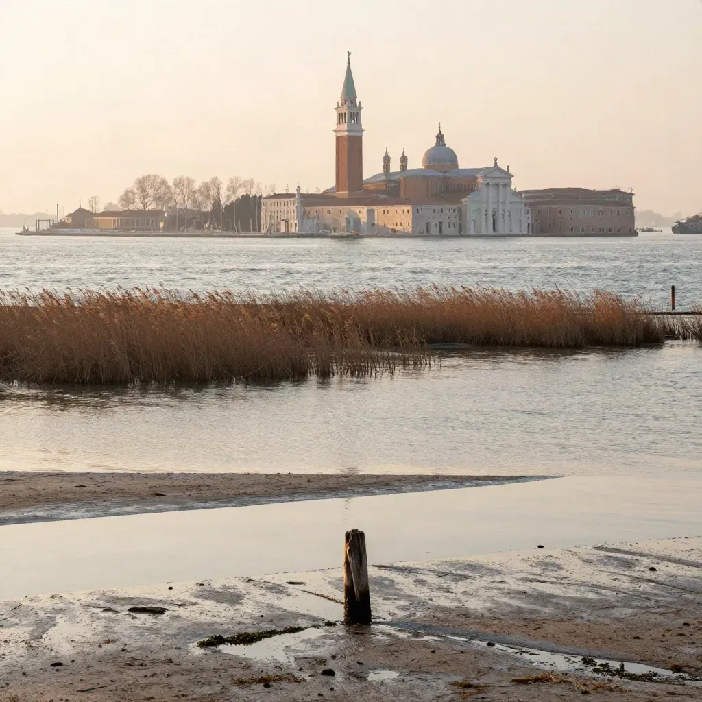 Laguna veneziana all’alba con campanili lontani, barene e acqua bassa nella foschia.